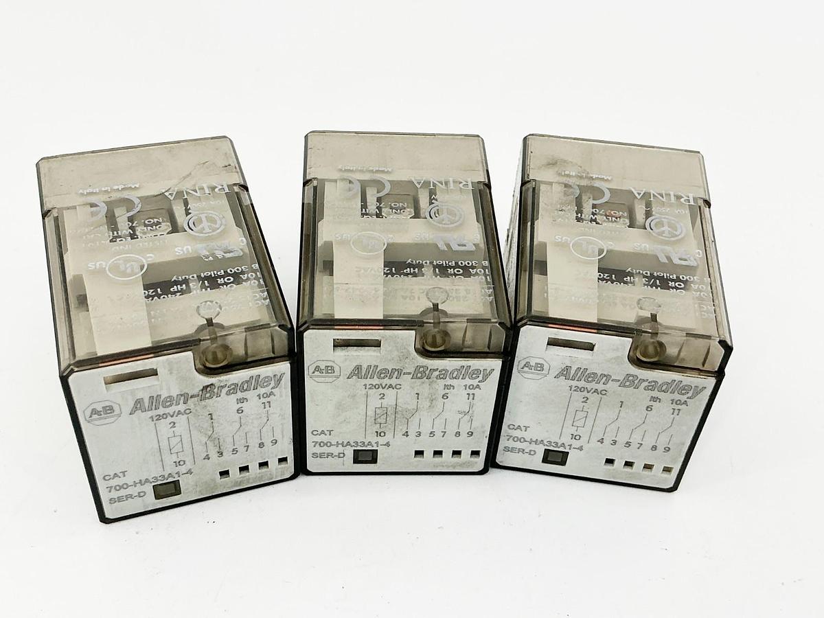 Used Lot of 3 Allen Bradley 700-HA33A1-4 General Purpose Relay 120V 10A Ser.D