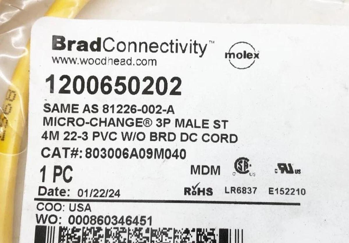 New Brad Connectivity 1200650202 Cable 3P Male ST 4m 803006A09M040