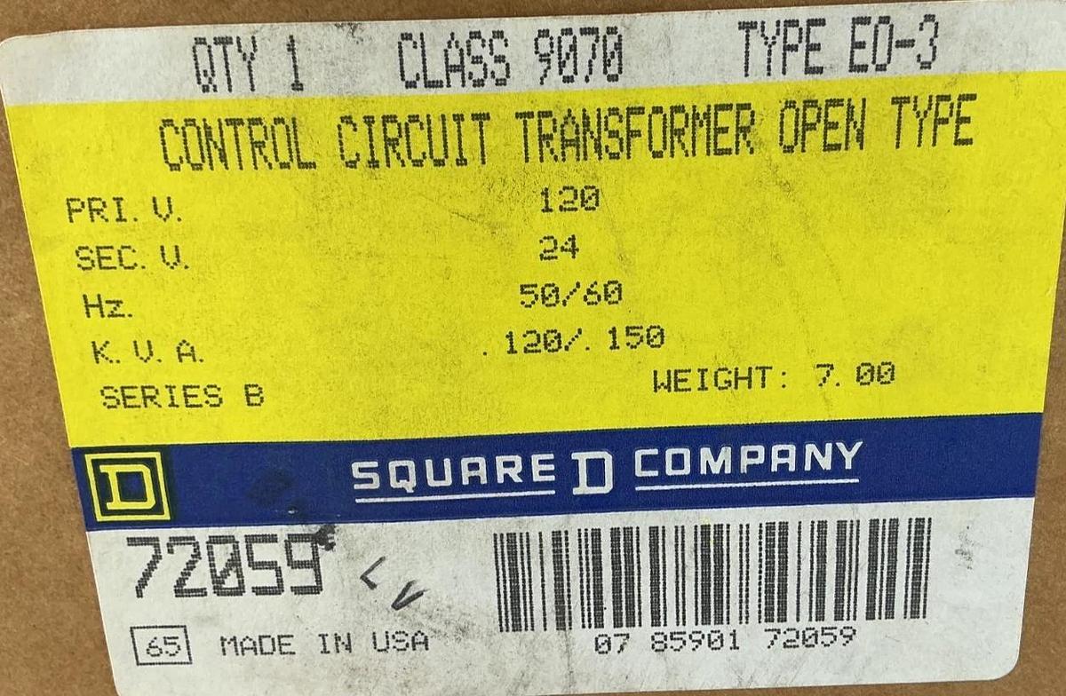 New Square D 9070EO-3 Control Circuit Transformer .15kVA Pri. 120V Sec. 24V