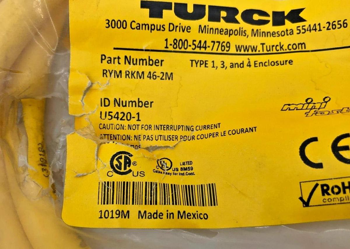 New Turck RYM RKM 46-2M Cordset, 7/8", Minifast Male X Female U5420-1