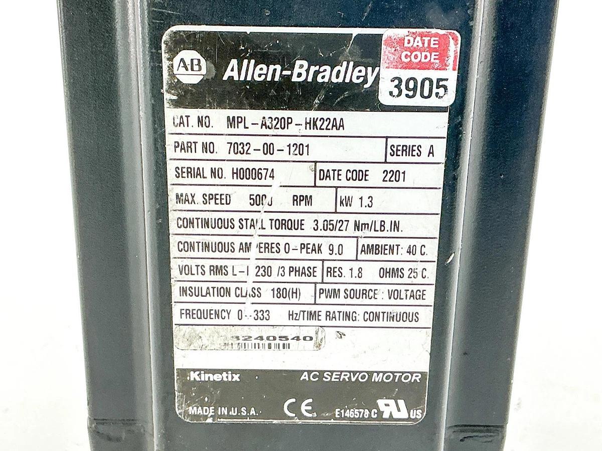 New Allen Bradley MPL-A320P-HK22AA Servo Motor 5000RPM 230V 3PH 1.3KW Ser.A