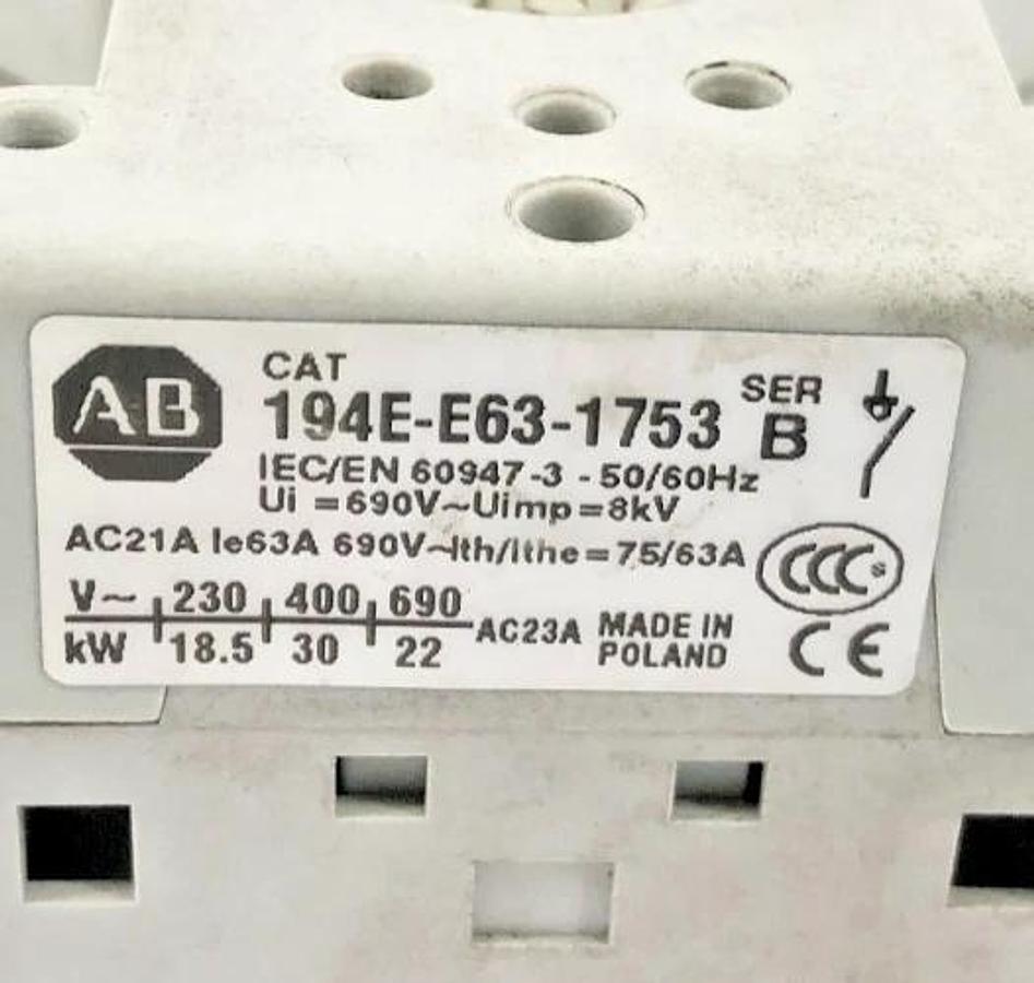 Used Allen Bradley 194E-E63-1753 Ser. B Load Switch 63A 600VAC - Missing Actuator