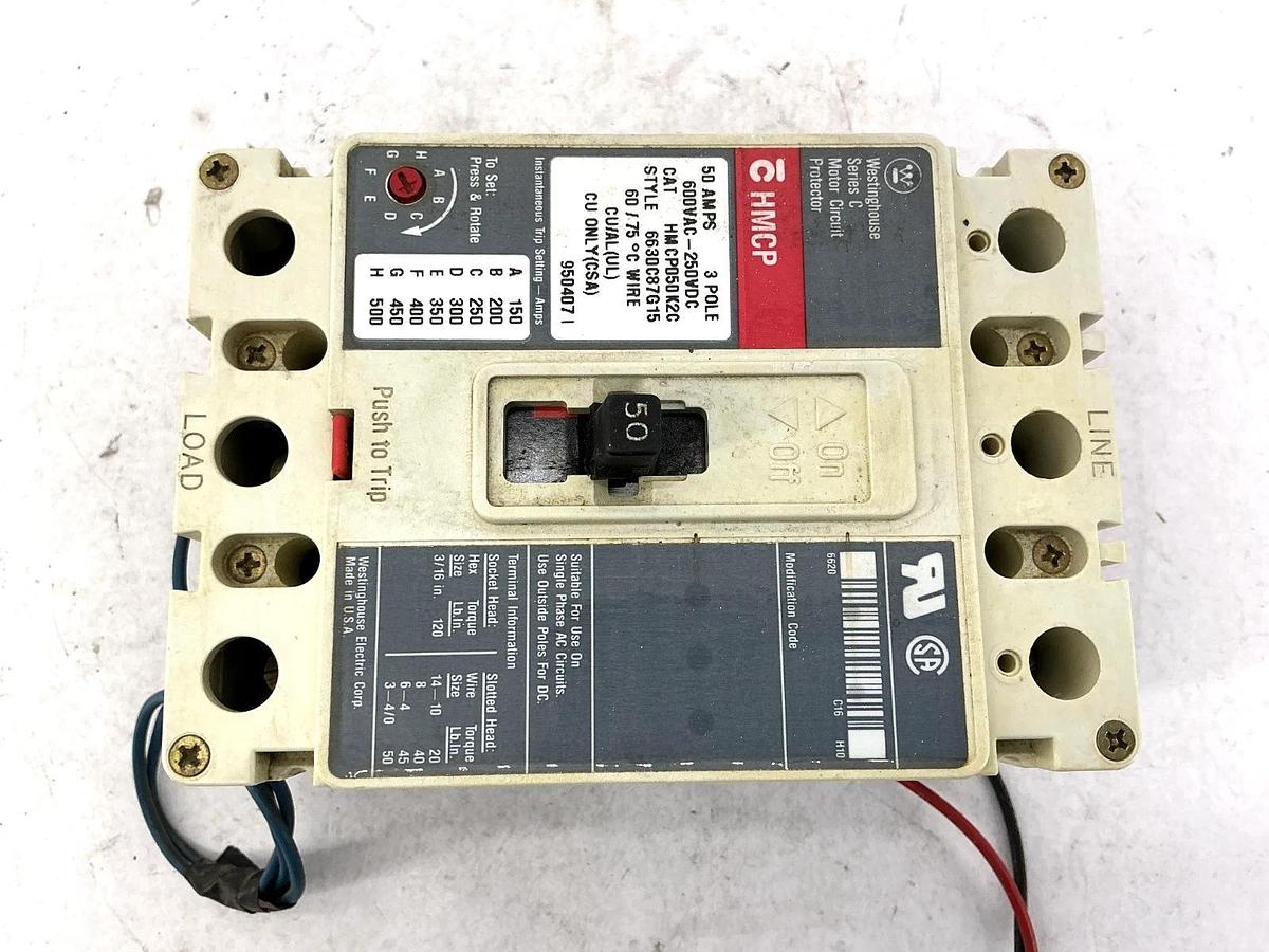 Used Westinghouse HMCP050K2C Ser C Motor Circuit Breaker / Protector 3-Pole 50A 600V