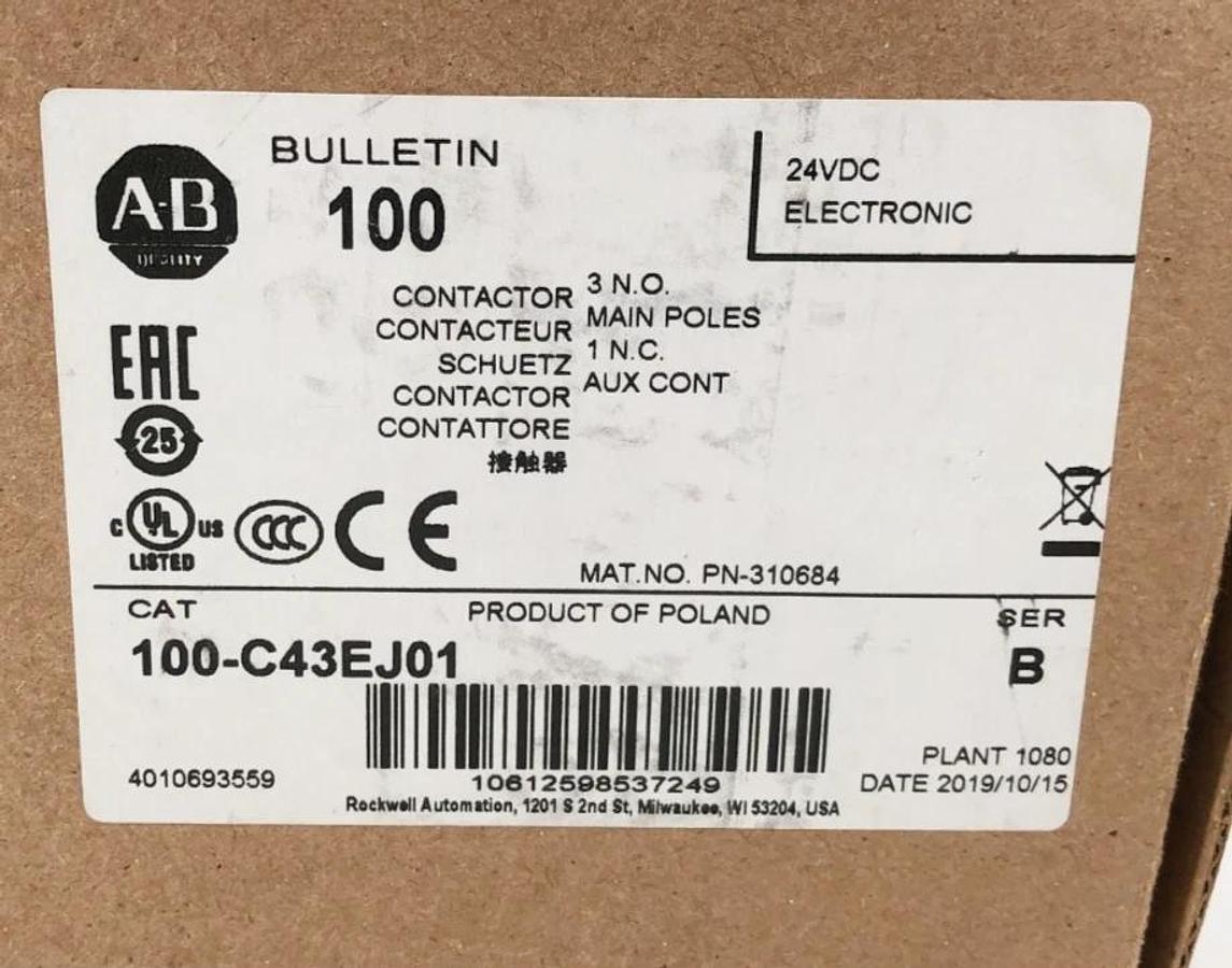 New Allen Bradley 100-C43EJ01 Ser. B Contactor 24VDC 3NO Main Poles 1NC Aux
