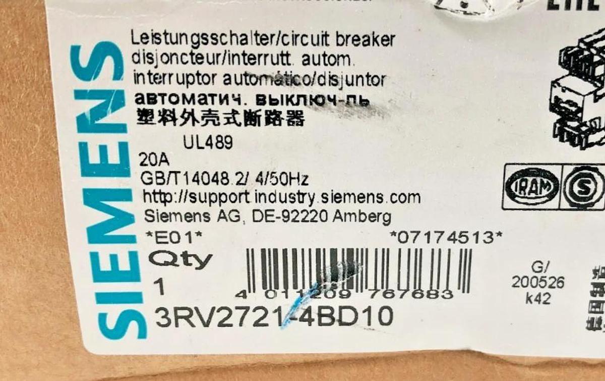 New Siemens 3RV2721-4BD10 Circuit Breaker 20A Size S0 UL489