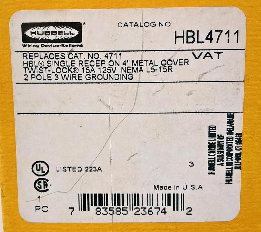 New Hubbell HBL4711 Single Recep On 4" Metal Twist-Lock 2-Pole 15A 125V