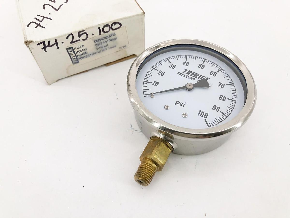 New Trerice D82B4002LA110 Pressure Gauge D82B 4" 0-100psi 1/4" Lower