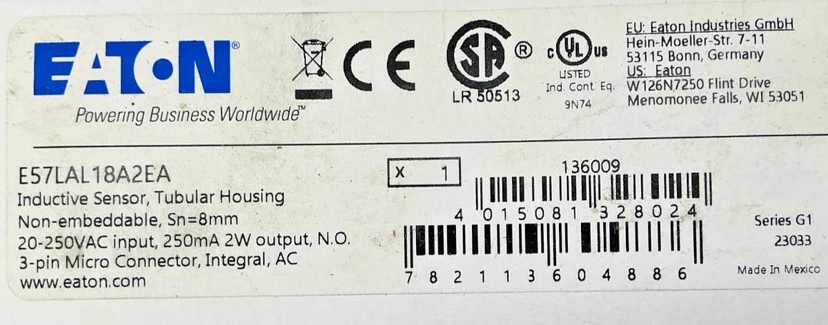 New Eaton E57LAL18A2EA Ser G1 Tubular Inductive Prox Sensor Sn=8mm 3P 20-250VAC