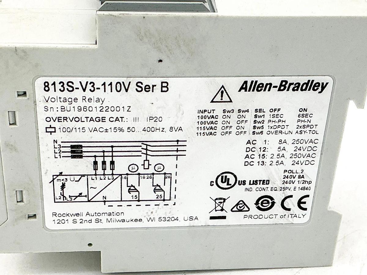 New Allen Bradley 813S-V3-110V Voltage Relay 3PH 110-115V 8VA Ser.B