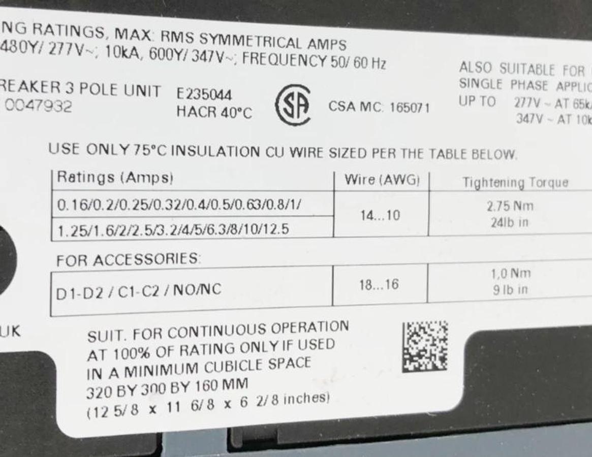 New Siemens 3RV2811-1KD10 Motor Protection Circuit Breaker 690V 12.5A - No Box