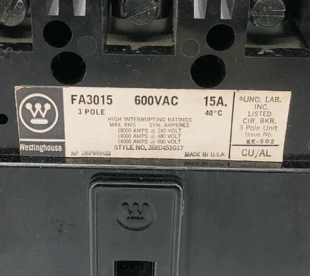 New Westinghouse FA3015 Circuit Breaker 15A 600VAC 3 Pole - No Box