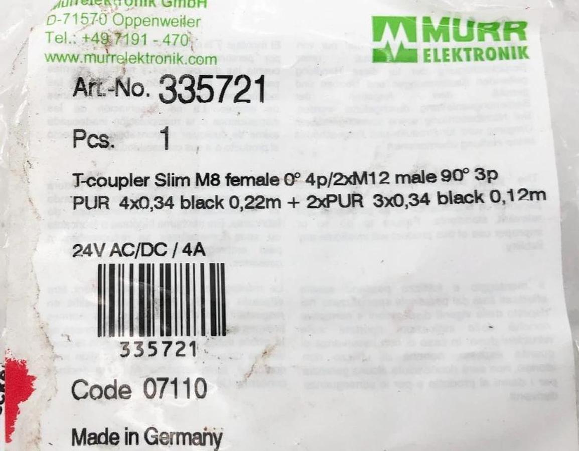 New Murr Elektronik 335922 T-Coupler 2x M12 Female 3P with Cable 30VAC/DC 4A