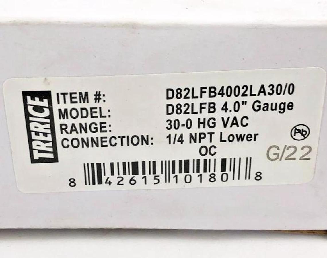 New Trerice D82LFB4002LA30/0 Pressure Gauge D82LFB 4" 30-0 HG VAC 1/4" Lower OC