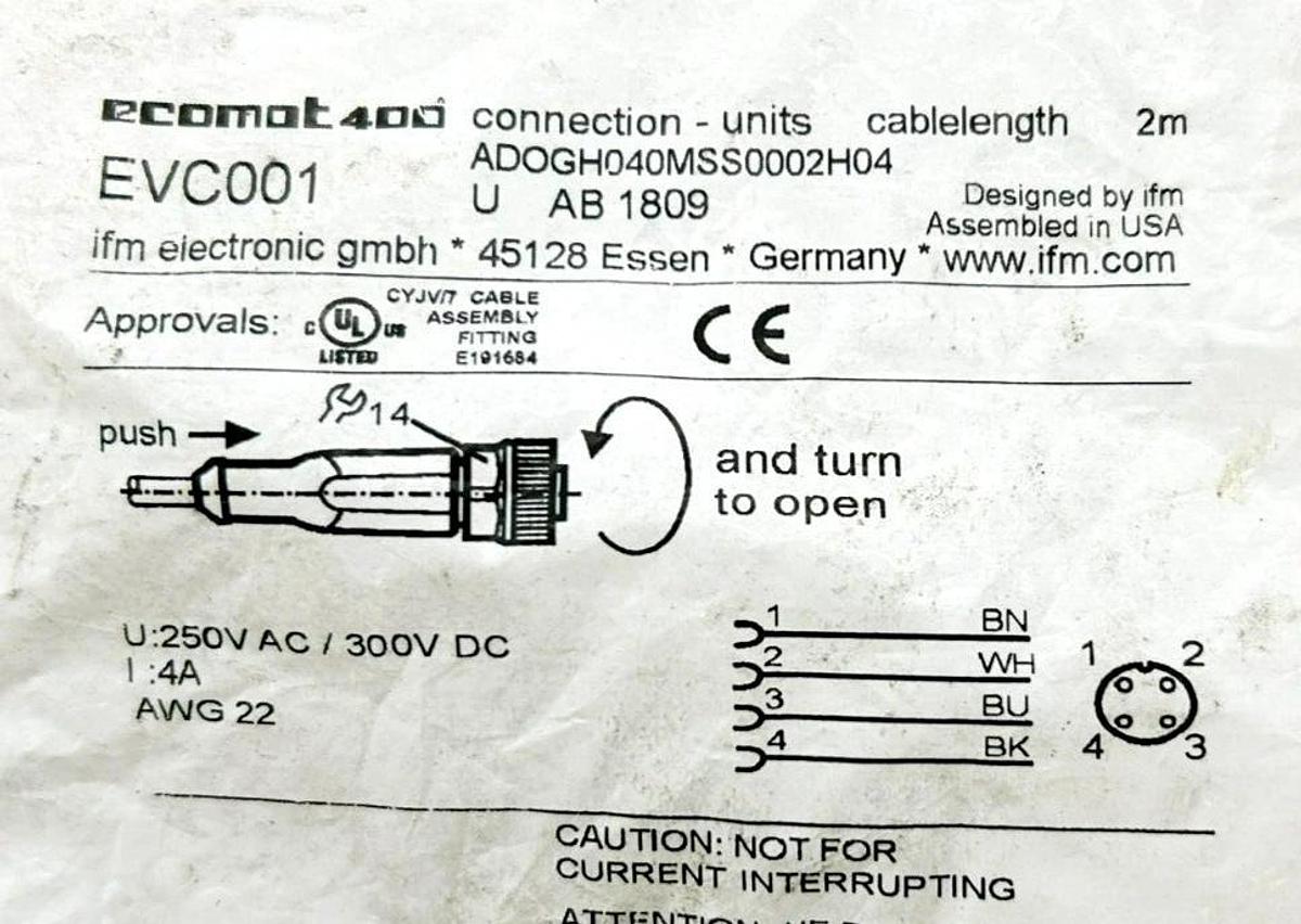 Used Lot of 4 IFM ADOGH040MSS0002H04 Ecomat 400 Connector Cables, EVC001