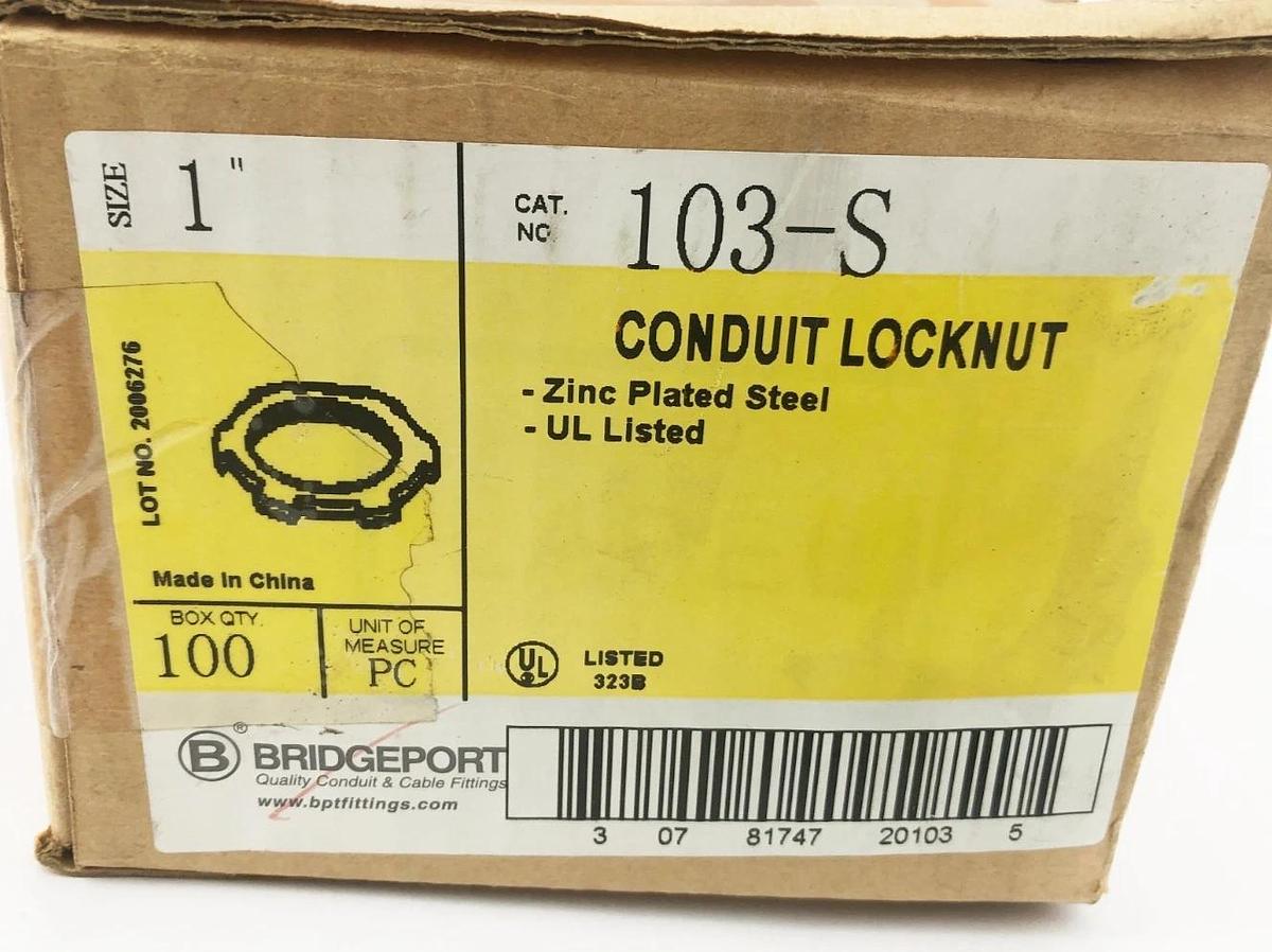Box of 55 New Bridgeport 103-S Conduit Locknuts 1" Zinc Plated Steel