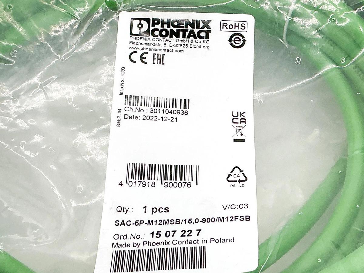 New Phoenix Contact SAC-5P-M12MSB/15,0-900/M12FSB Bus Cable Cordset 1507227