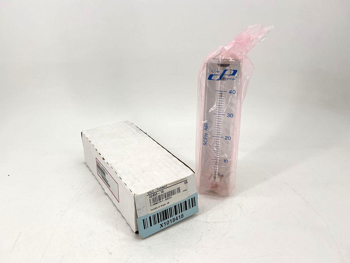 New Cole Parmer 32458-16 Flowmeter 4-40SCFH Air Acrylic Body 2520A4A33BNBN-CP