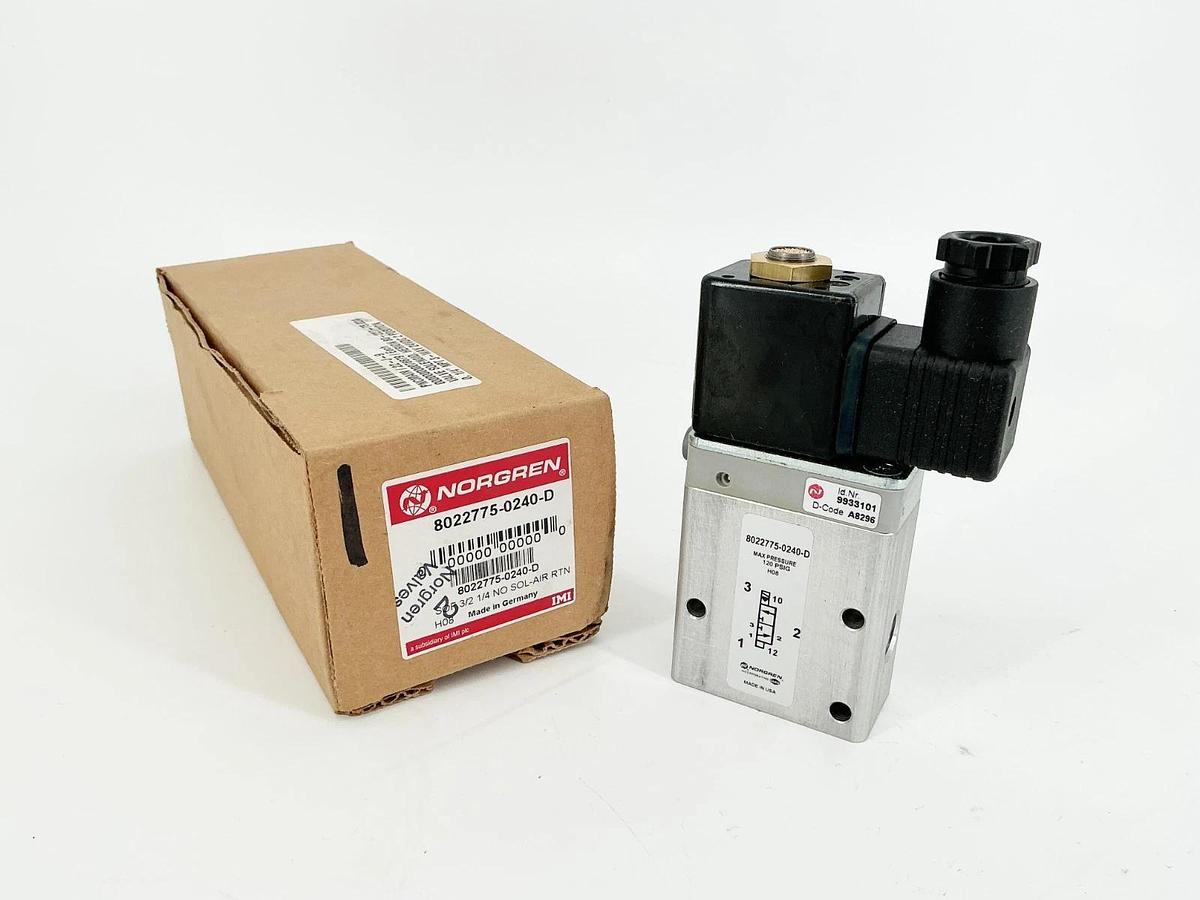 New Norgren 8022775-0240-D Solenoid Valve 120PSIG 24V 3W 9933101