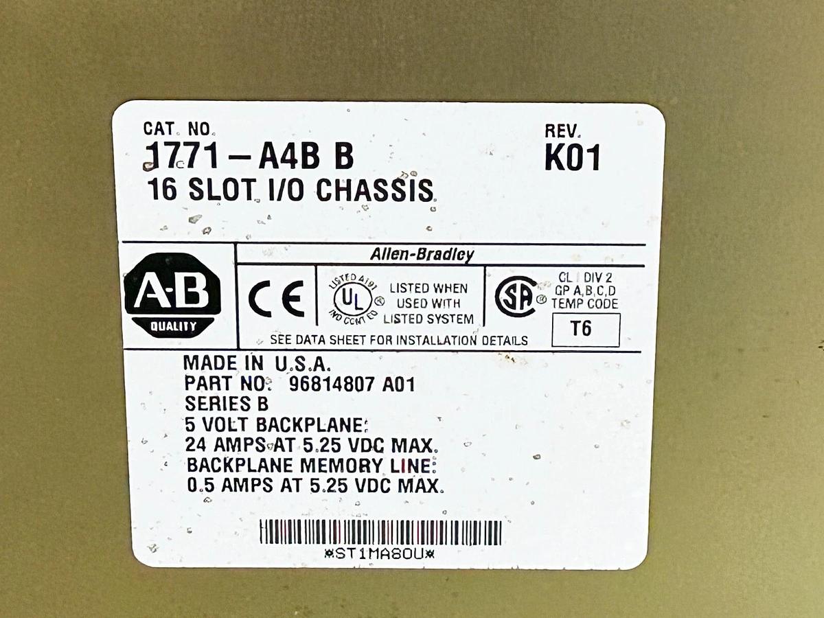 Used Allen Bradley 1771-A4B PLC Rack Chassis 16 Slot 24A 5.25VDC