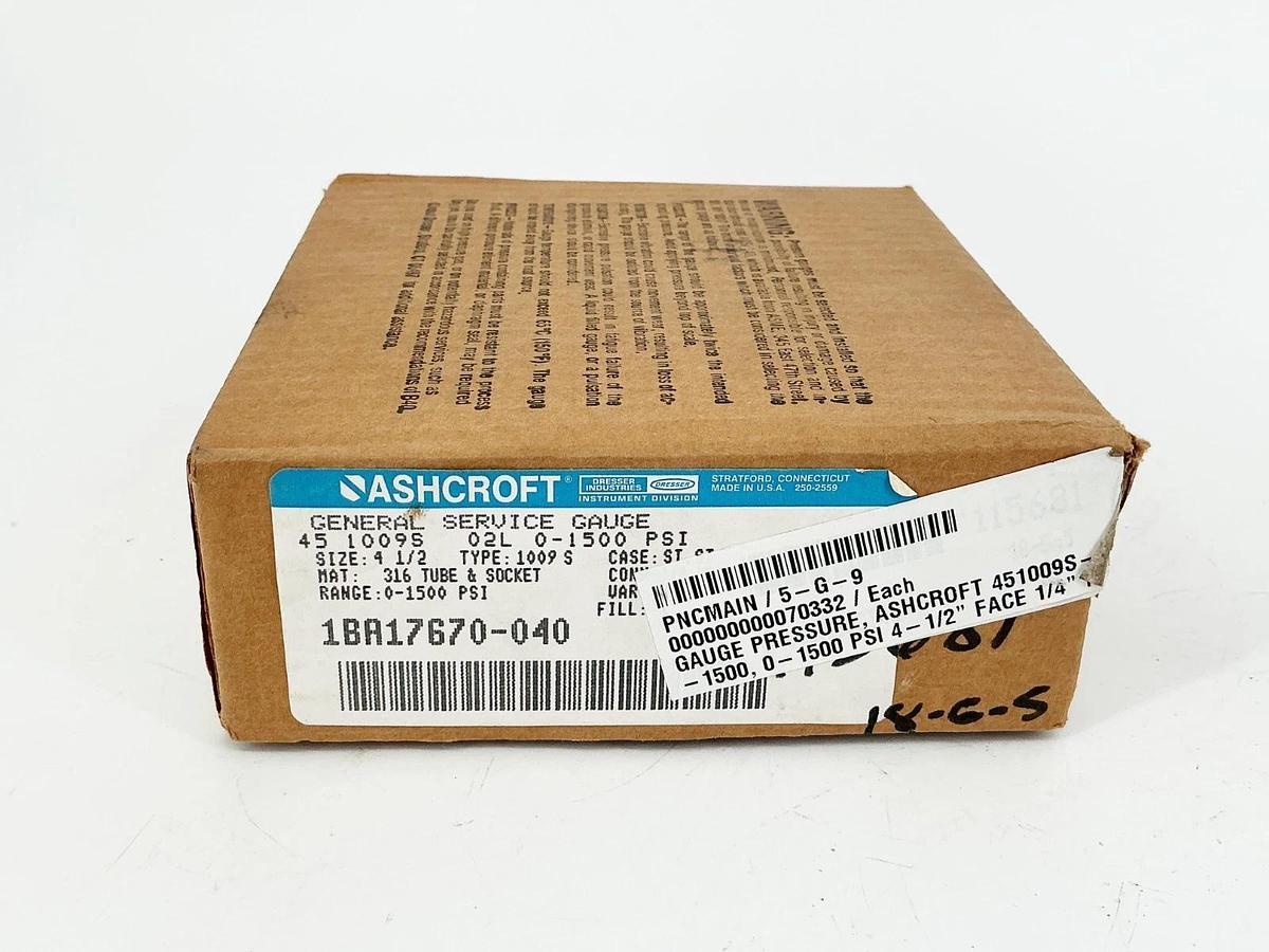 New Ashcroft 45-1009S-02L-0-1500 Pressure Gauge 0-1500PSI 4.5" Face 1/4" NPT