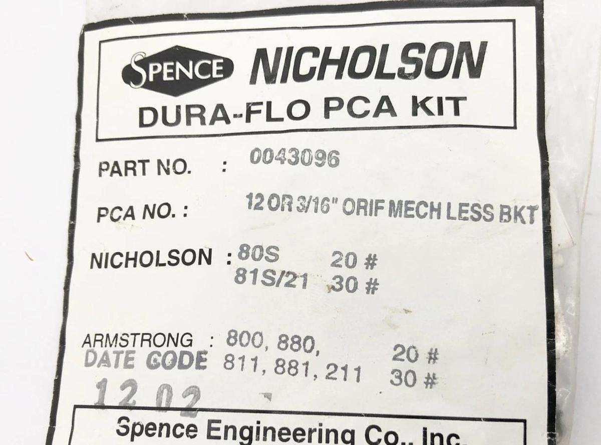 New Spence Nicholson 0043096 Repait Kit 12 OR 3/16" ORIF MECH LESS BKT
