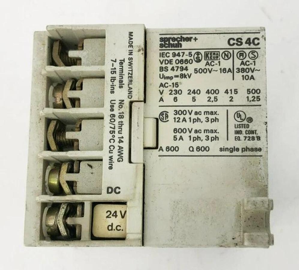 Used Sprecher + Schuh CS4C-31Z Industrial Control Relay 600VAC 24VDC
