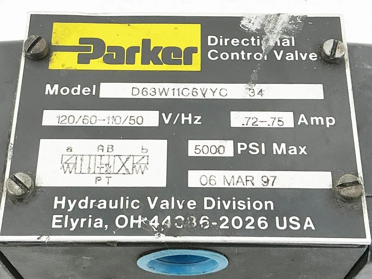 New Parker D63W11C6VYC 34 Directional Control Valve .75A 5000PSI 120V - No Box