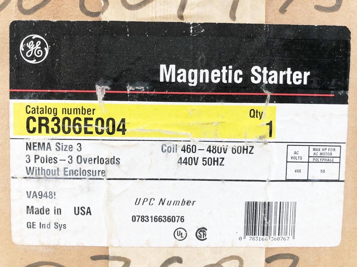 New General Electric CR306E004 Non-Rev Starter 480V Coil 90A Size 3 3PH Sealed