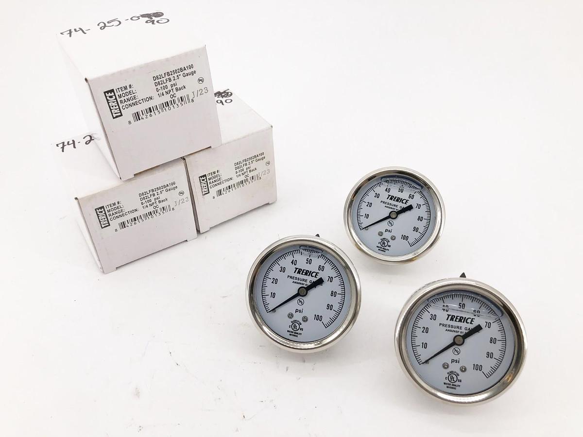 Lot of 3 New Trerice D82LFB2502BA100 Gauges D82LFB 2.5" 0-100psi 1/4" NPT Back