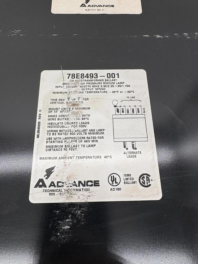 New Advance 78E8493001 Indoor Enclosed Ballast 400W HPS S51 120/208/240/277V