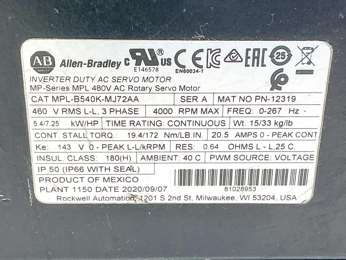 New Allen Bradley MPL-B540K-MJ72AA Servo Motor 460V 4000RPM 3PH Ser. A - No Box
