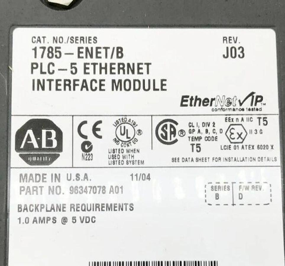 Used Allen Bradley 1785-ENET Ser. B PLC-5 Ethernet Interface Module
