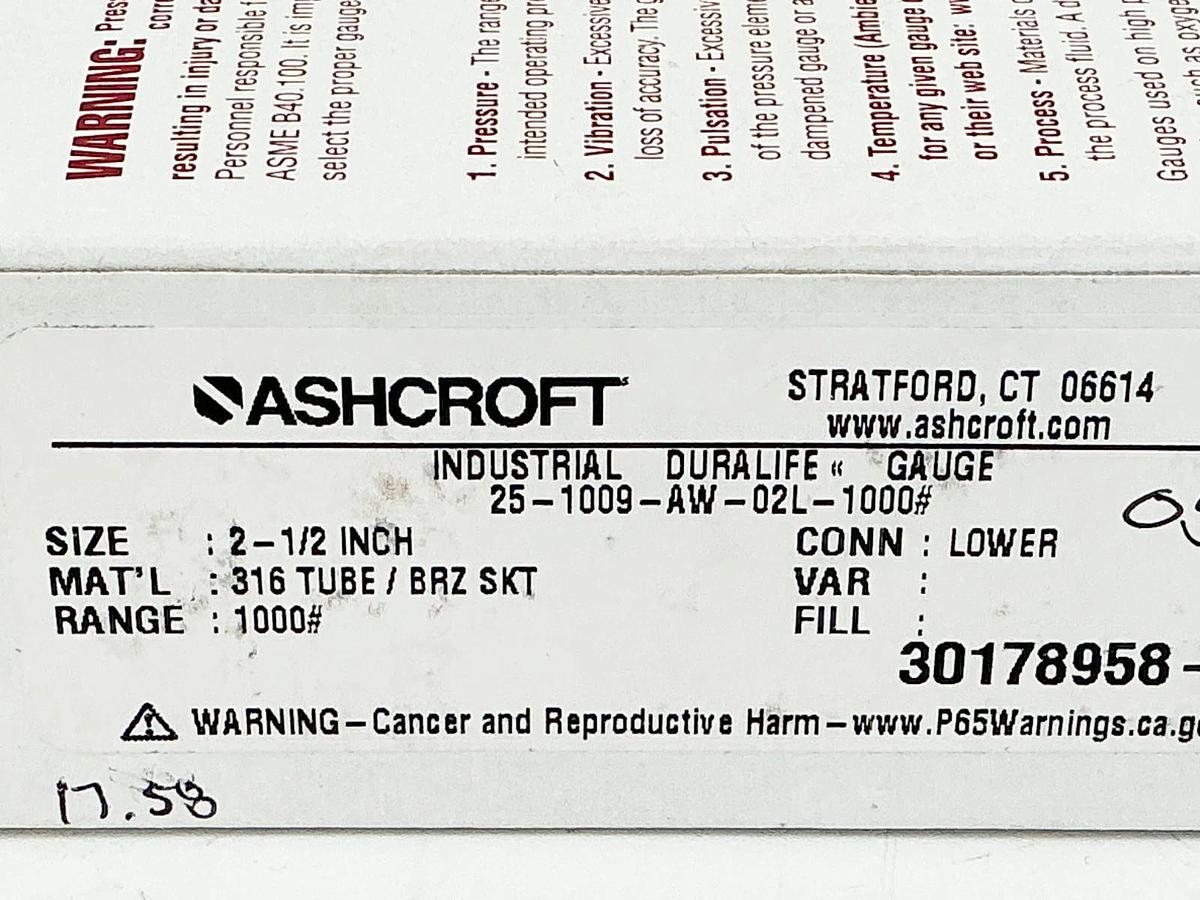 New Ashcroft 25-1009-AW-02L-1000# Pressure Gauge 0-1000PSI 2.5" Face 1/4" NPT