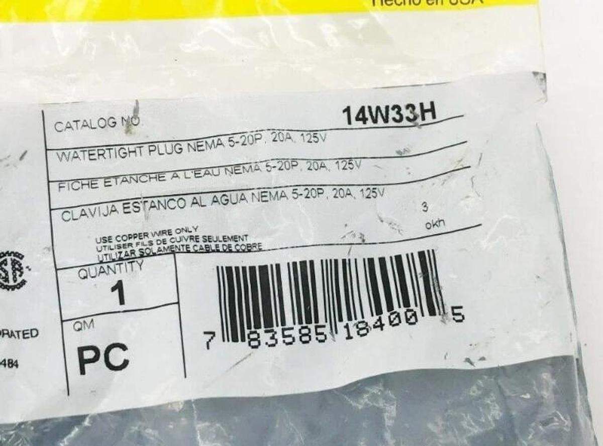 New Woodhead 14W33H Watertight Connector NEMA 5-20P 20A 125V