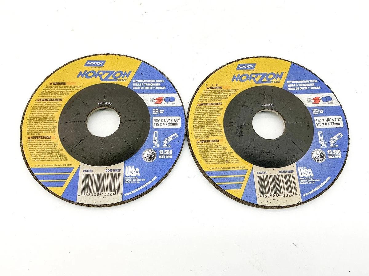 New Lot of 2 Norton 43324 Cutting Grinding Wheel 4-1/2X1/8"X7/8" - No Box