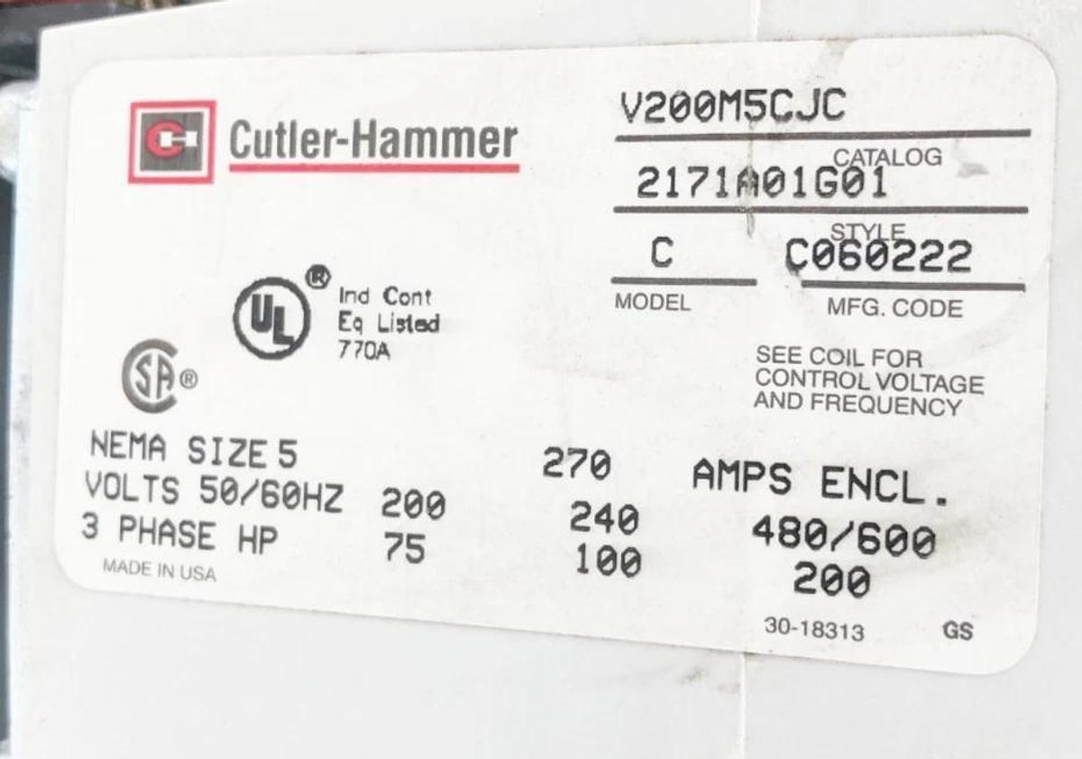 New Cutler-Hammer V200M5CJC Vacuum Starter Size 5 110/120V Coil 270A - No Box