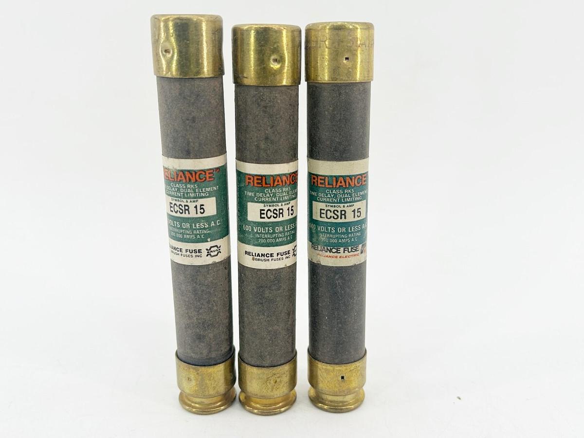 New Lot of 3 Reliance ECSR-15 Time Delay Dual lement Fuse 15A 600V Class RK5