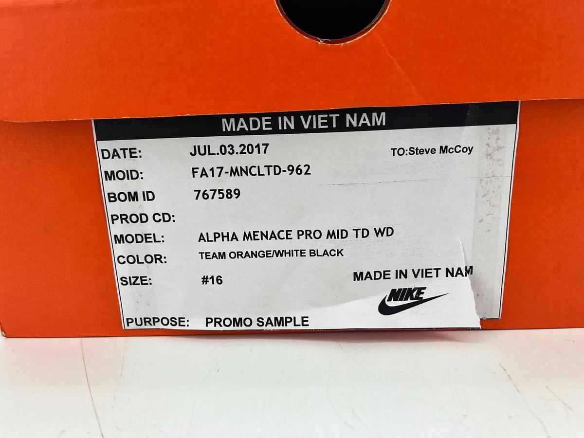 Nike Alpha Menace Pro Mid TD WD Blk/Orange S.16 OSU Beavers Sample Promo Cleats