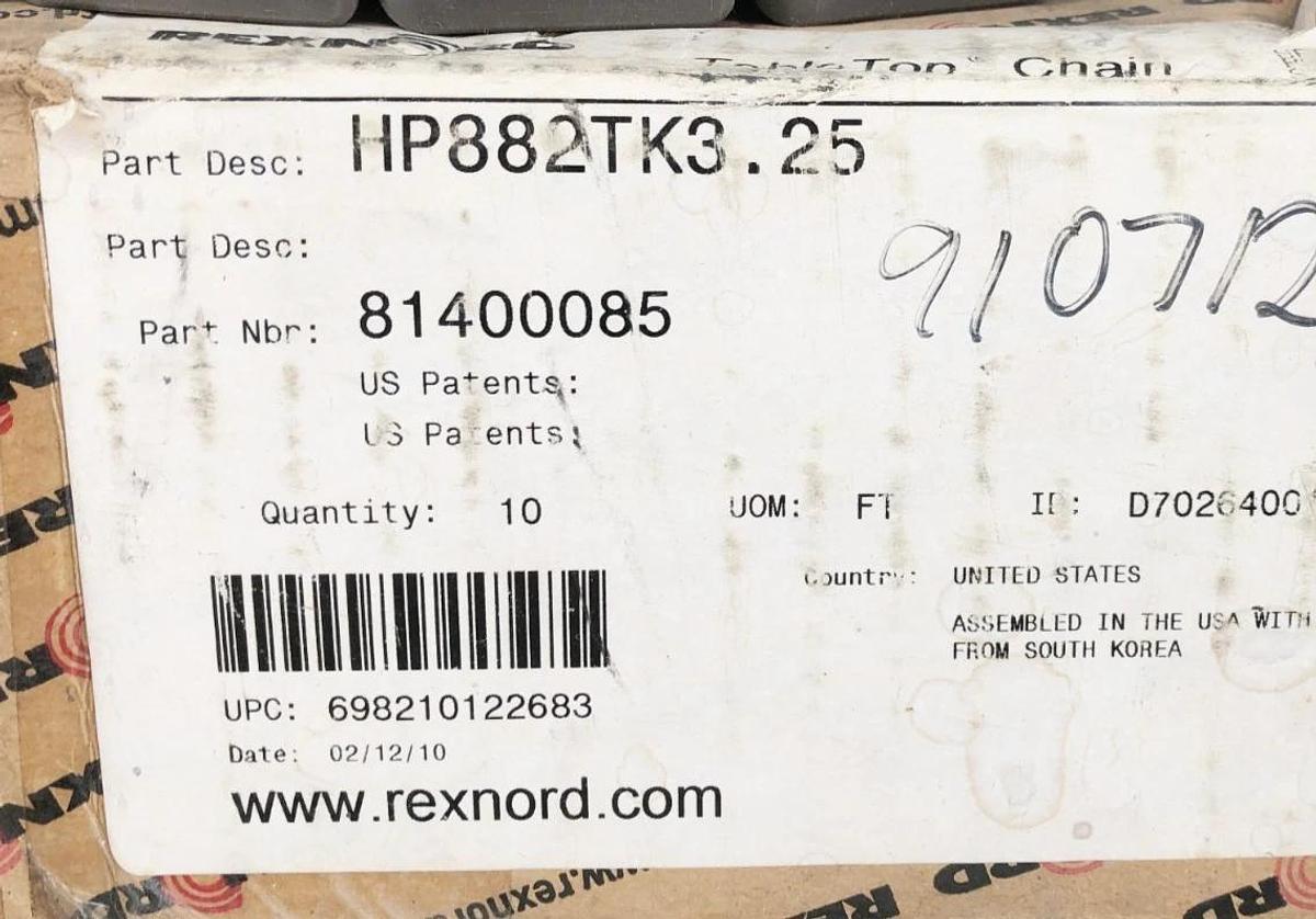 New Rexnord HP882TK3.25 TableTop Chain 81400085 10FT