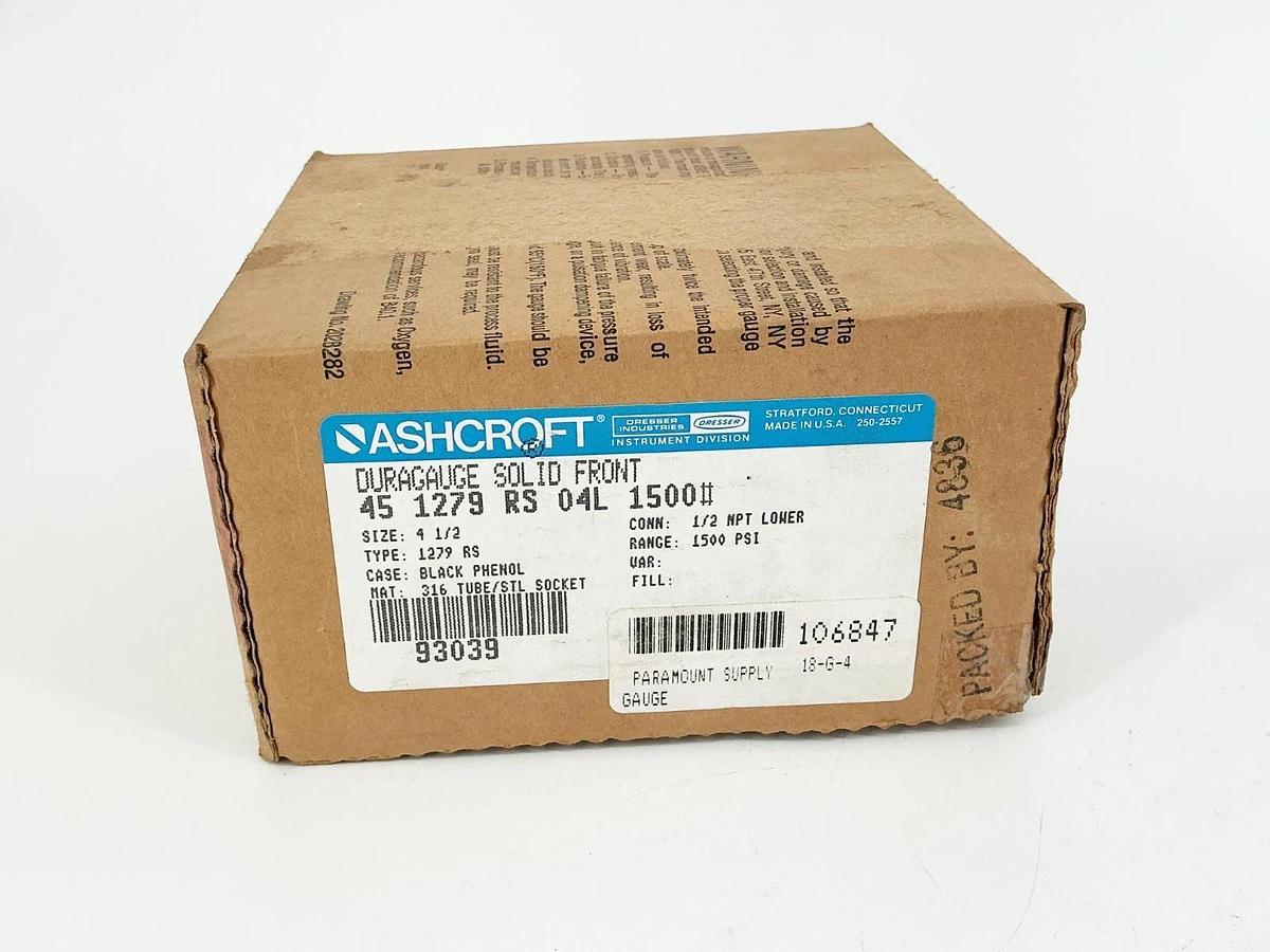 New Ashcroft 45-1279-RS-04L-1500# Pressure Gauge 4.5" 1500PSI 1/2" NPT 316 Tube