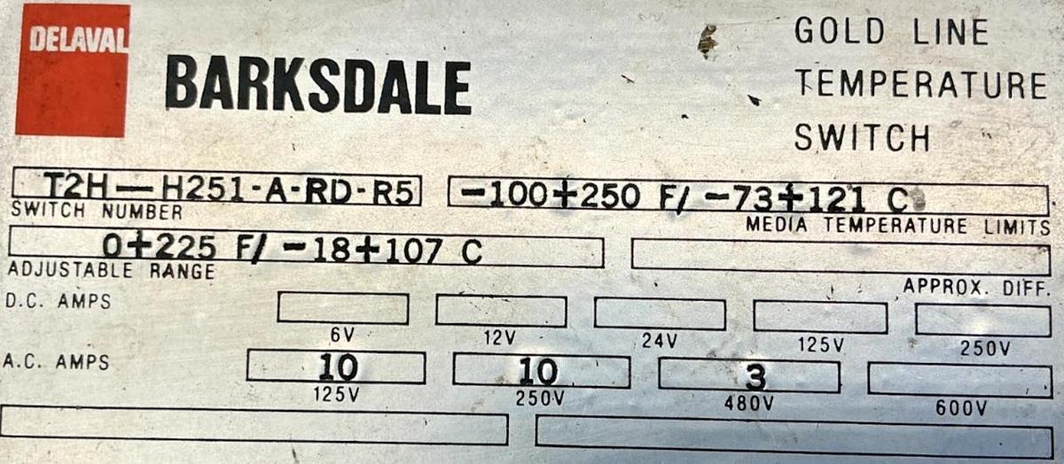 Used Barksdale T2H-H251-A-RD-R5 Gold Line Temp Switch -100+200F / -73+121C