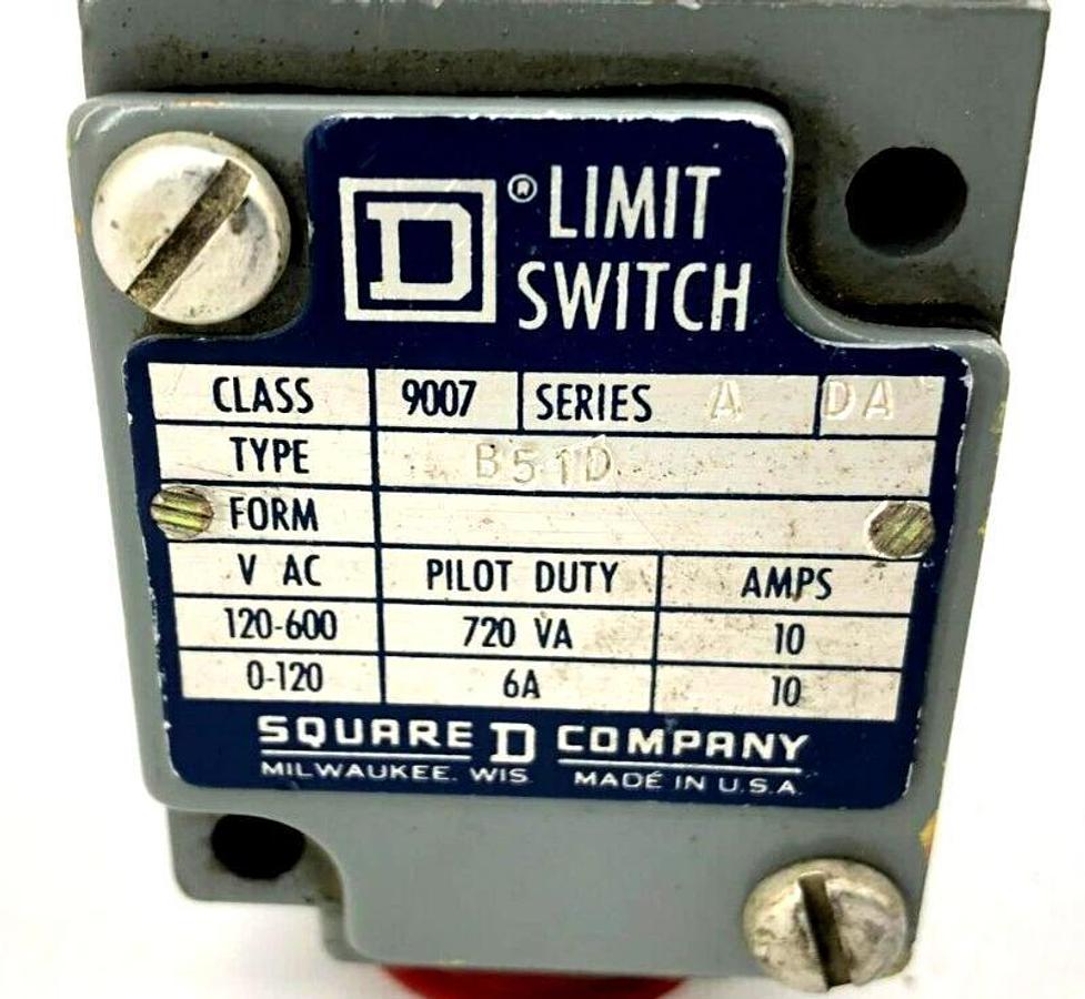 New Square D 9007-B51D Limit Switch With Roller Head 120 - 600 VAC 720 VA 10 A