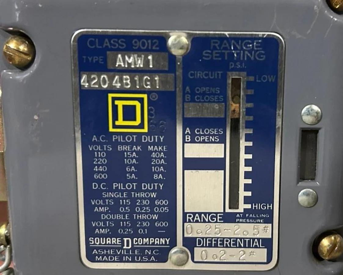 New Square D 9012-AMW1 Pressure Switch 0.25-2.5# 120V-600VAC - No Box