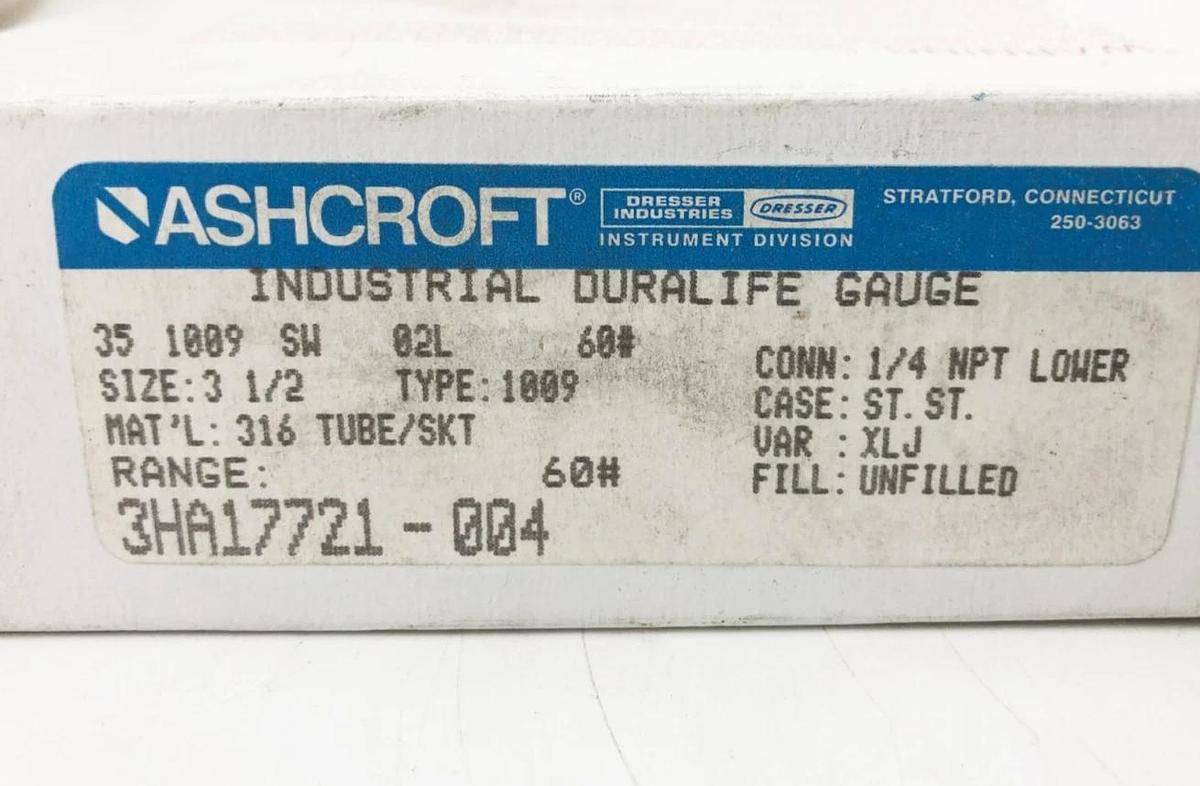 New Ashcroft 35-1009-SW-02L-60# Duralife Industrial 1/4" NPT Lower Mount 60psi