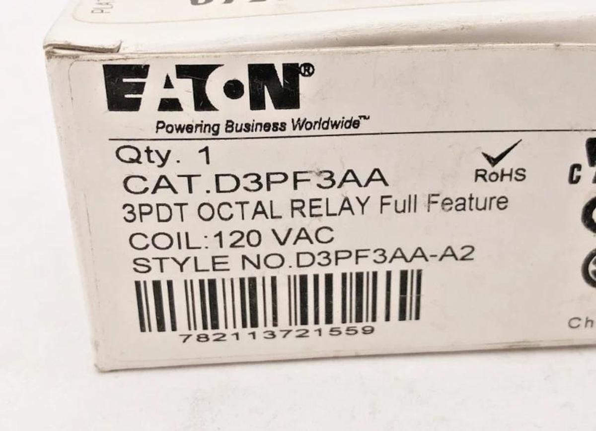 New Eaton D3PF3AA Relay 3PDT Octal Full Feature 120VAC