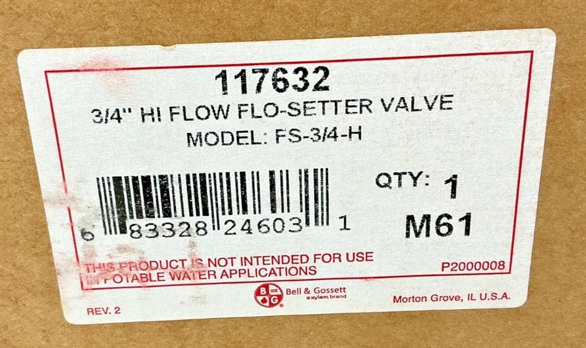 New Bell & Gossett 117632 HI Flow Flo-Setter Valve FS-3/4-H 3/4" NPT