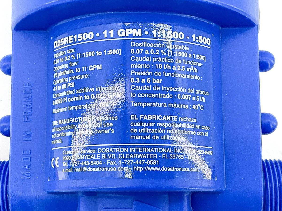 New Dosatron D25RE1500VFII Dosing Pump 11GPM 1:1500-1:500 85PSI D25RE1500