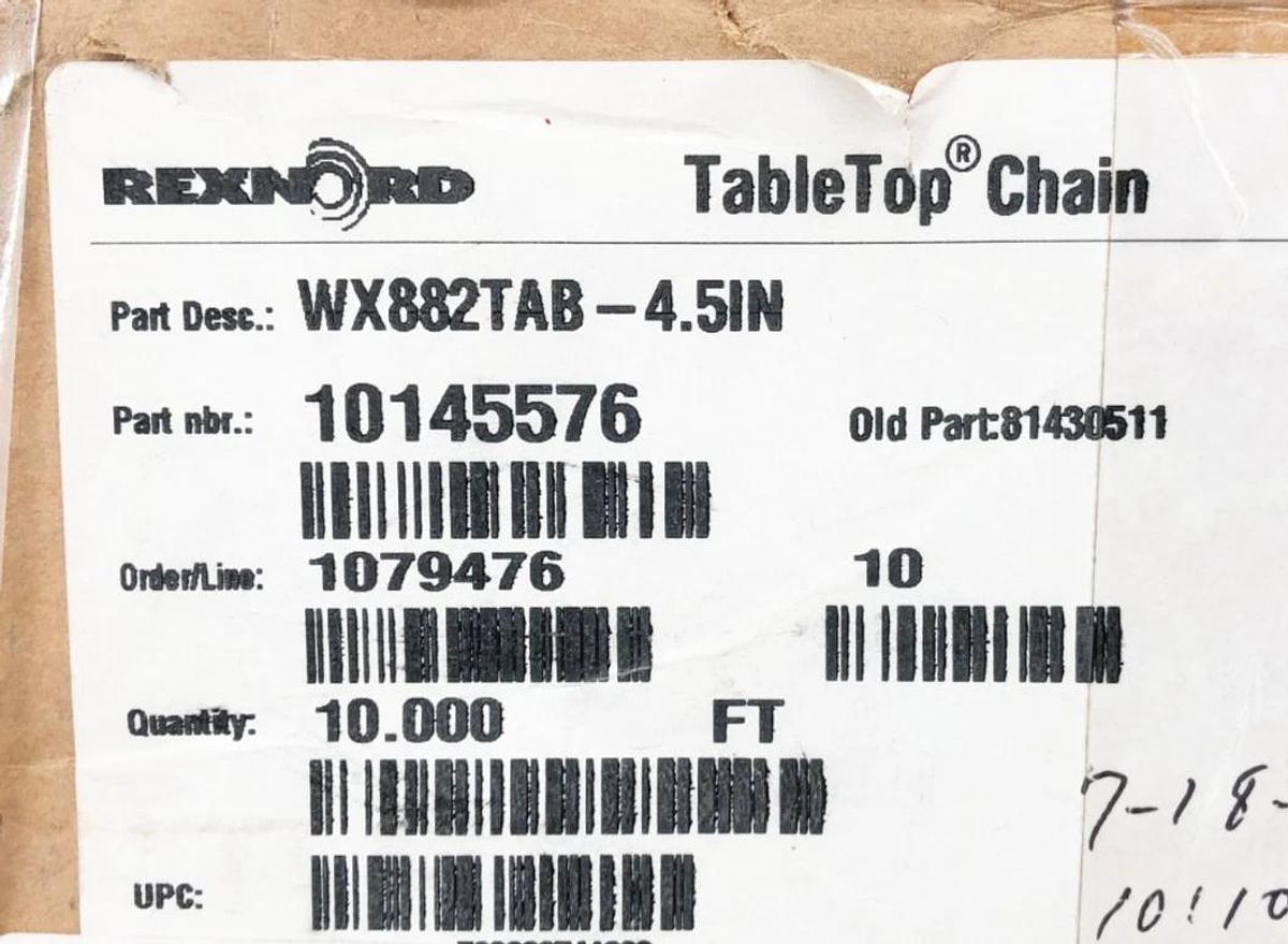New Rexnord WX882TAB-4.5IN TableTop Chain 10 FT. 10145576 81430511