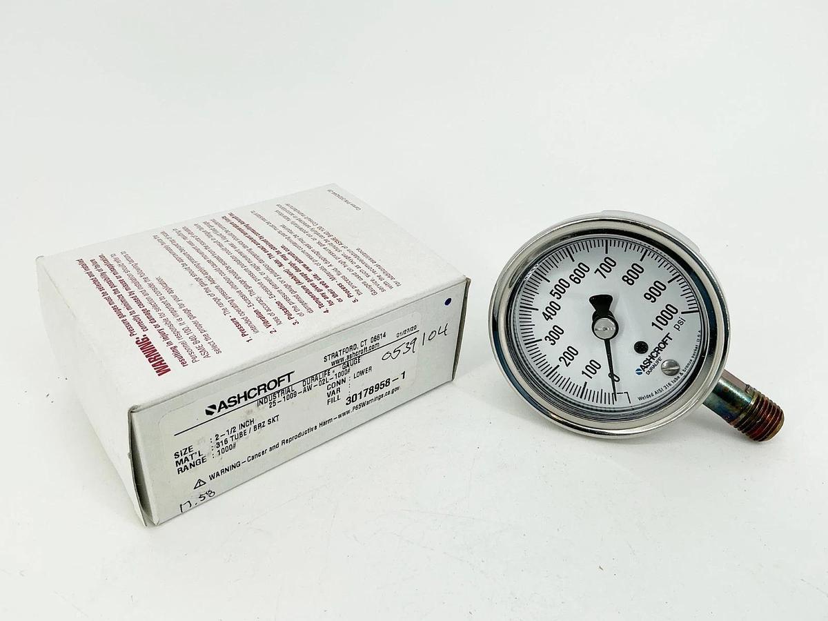 New Ashcroft 25-1009-AW-02L-1000# Pressure Gauge 0-1000PSI 2.5" Face 1/4" NPT