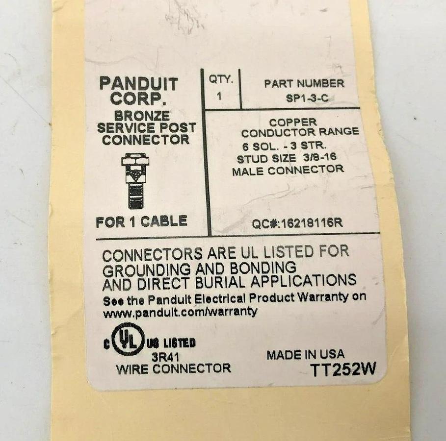 New Panduit SP1-3-C Grounding Service Post Connector, Bronze, Male, 6SOL.- 3STR
